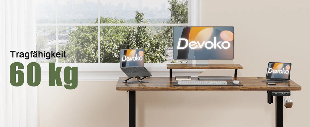 Devoko Escritorio eléctrico de altura ajustable 120 × 60 cm con soporte para monitor Asiento ergonómico Escritorio de pie (blanco)