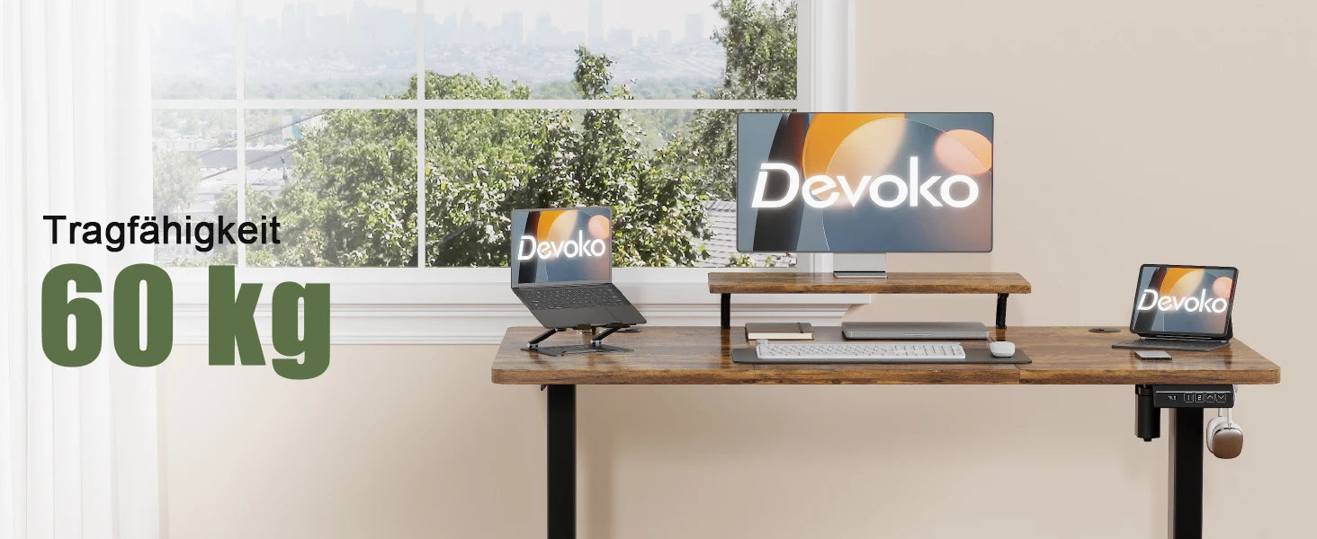 Devoko Escritorio eléctrico de altura ajustable 120 × 60 cm con soporte para monitor Asiento ergonómico Escritorio de pie (blanco)