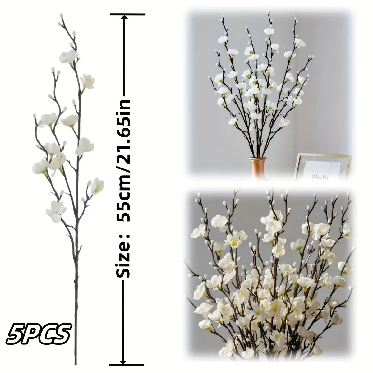 5 paquetes de flores de ciruelo blancas artificiales de tallo largo, flores de jade realistas, para decoración exterior/interior, adecuadas para el hogar