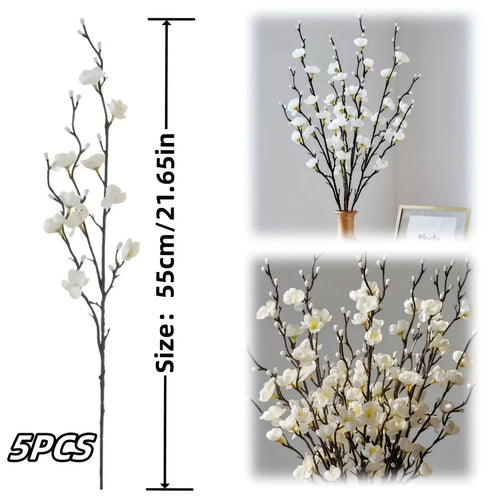 5 paquetes de flores de ciruelo blancas artificiales de tallo largo, flores de jade realistas, para decoración exterior/interior, adecuadas para el hogar