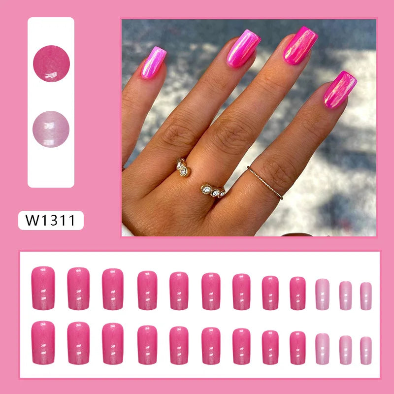 Dulce francés 24 Uds. De uñas postizas degradadas rosas, manicura de dedos artificiales brillantes, uñas postizas reutilizables para mujeres