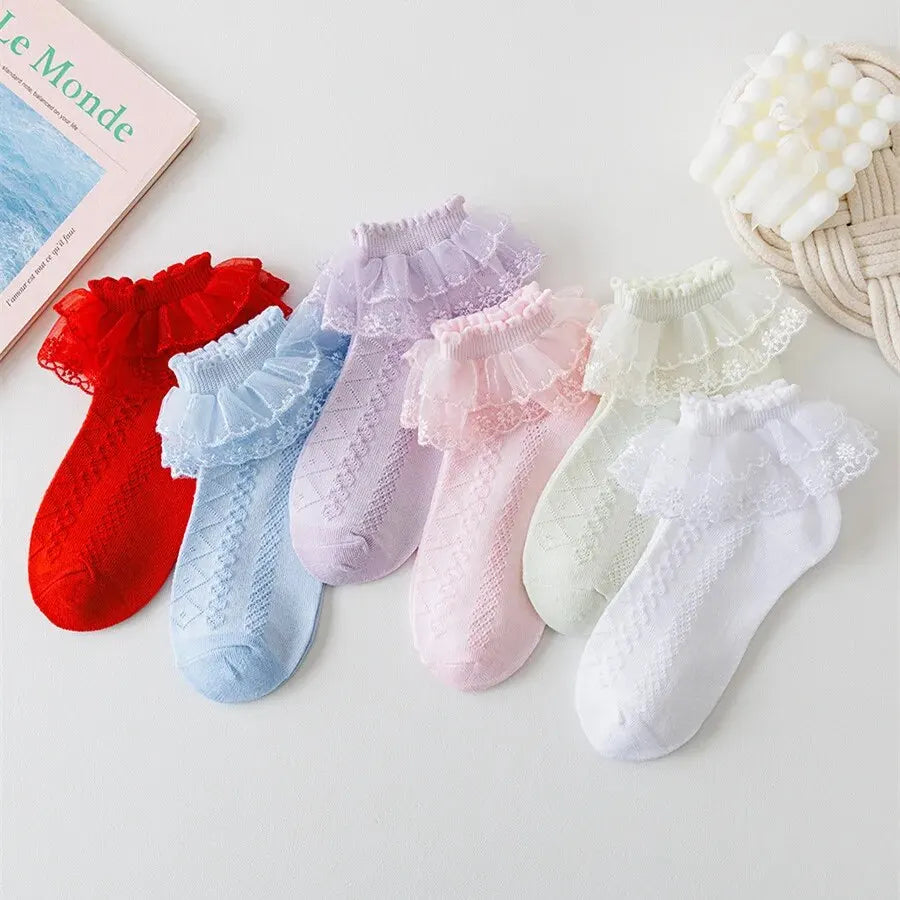 5 par/lote calcetines para niñas novedad de verano estilo de malla calcetines finos de algodón para bebés calcetines elásticos de encaje blanco flores calcetines de princesa para niños