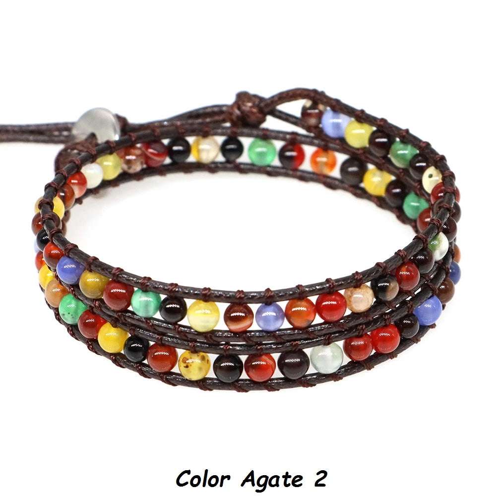 Pulsera de cuentas bohemias de piedra Natural, lapislázuli, 2 hebras, brazalete tejido de cuerda de cuero multicapa para mujeres y hombres, regalo de joyería
