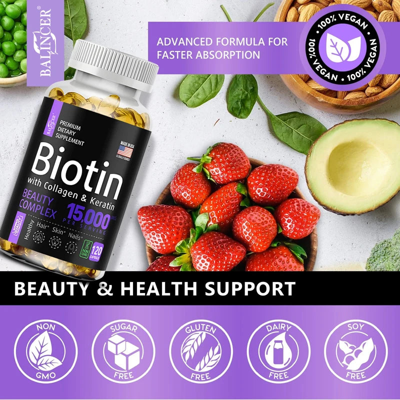 Suplemento de biotina - 15.000 Mcg con colágeno y queratina, vitaminas, cabello brillante, piel y uñas, salud de las articulaciones, 30/60/120 cápsulas