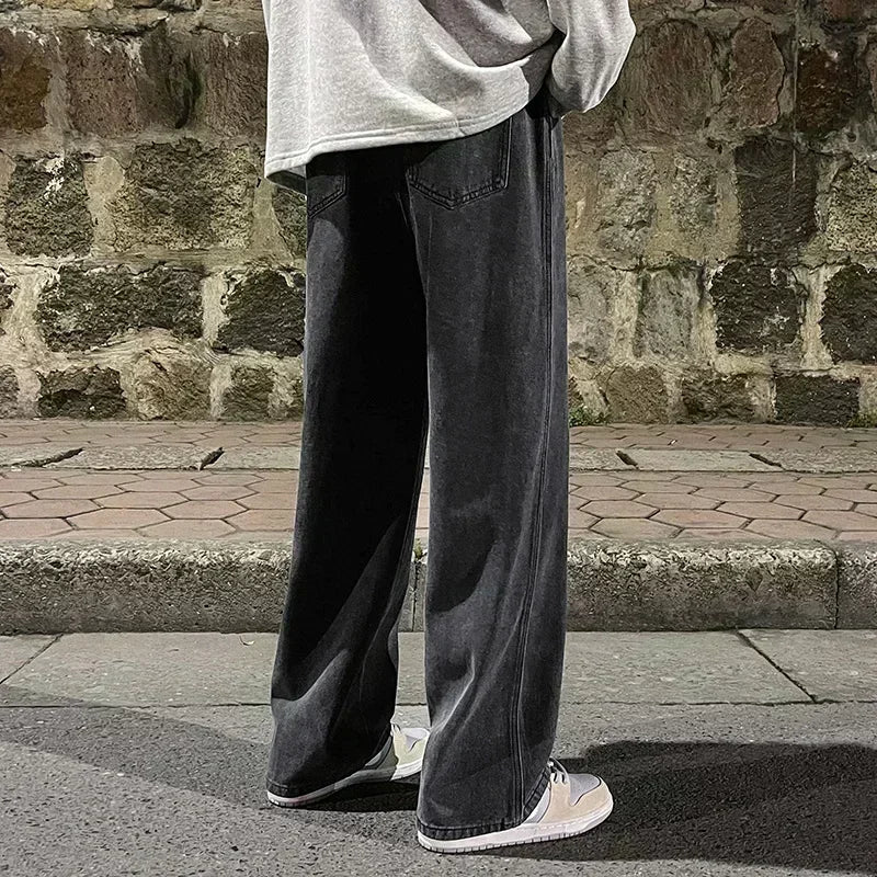 Ropa de calle de estilo coreano, nueva moda, pantalones vaqueros informales holgados para hombre, pantalones vaqueros Harajuku de calle alta, pantalones de marca para hombre, negro, gris y azul