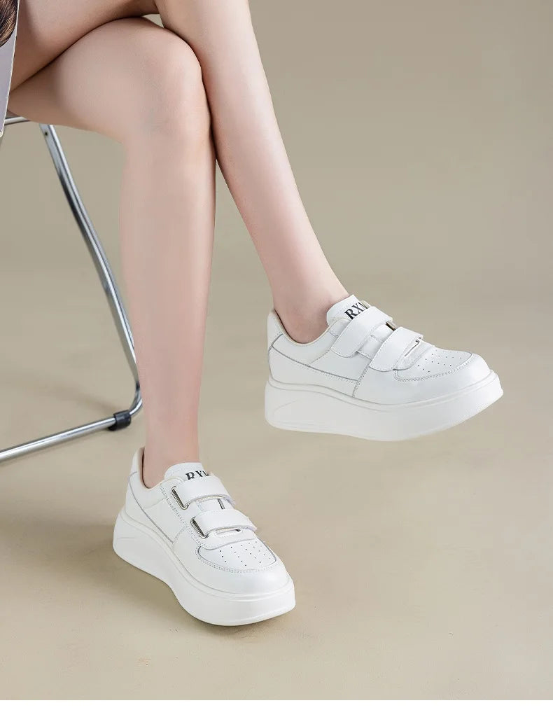 DRKANOL, zapatos de plataforma con suela gruesa y aumento de altura, zapatillas informales de cuero genuino para mujer, zapatos de tabla con gancho y bucle para mujer, color blanco