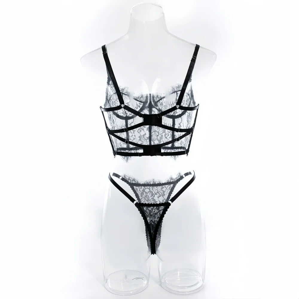 Krasapt-Lencería de encaje negro Sexy, conjuntos de dos piezas, ropa interior de encaje elegante, sujetadores y bragas eróticos, conjunto Bilizna atractivo transparente