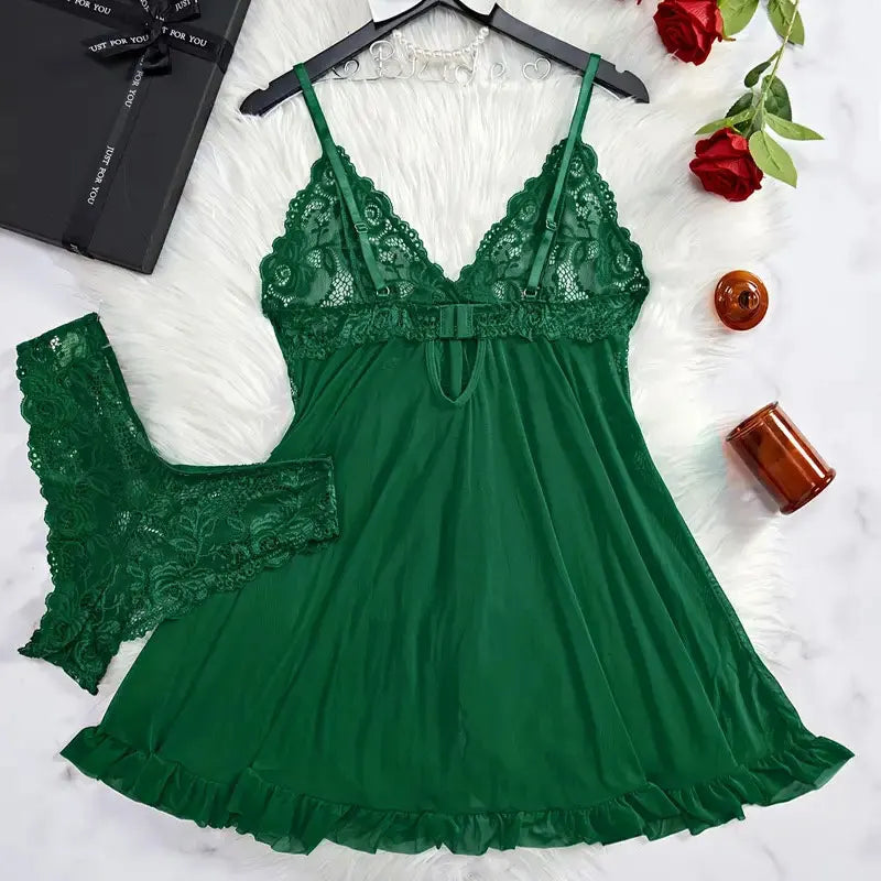 Conjunto de 2 uds de camisón de encaje para mujer, ropa de casa exquisita, nuevo pijama verde para la noche, camisón transparente dividido, conjuntos de bragas con sujetador con cuello en V