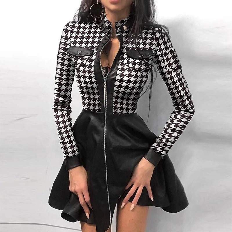 Minivestido Sexy para mujer, Vestidos de fiesta de retazos, manga larga, encaje, bolsillos con cremallera, cuello alto, botones, Delgado