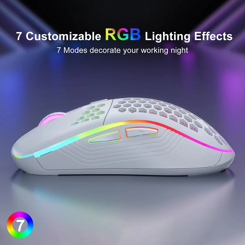 Ratón inalámbrico RGB 2,4G para juegos, ratón de carga con iluminación RGB y diseño ergonómico de panal de DPI ajustable para ordenador portátil de escritorio
