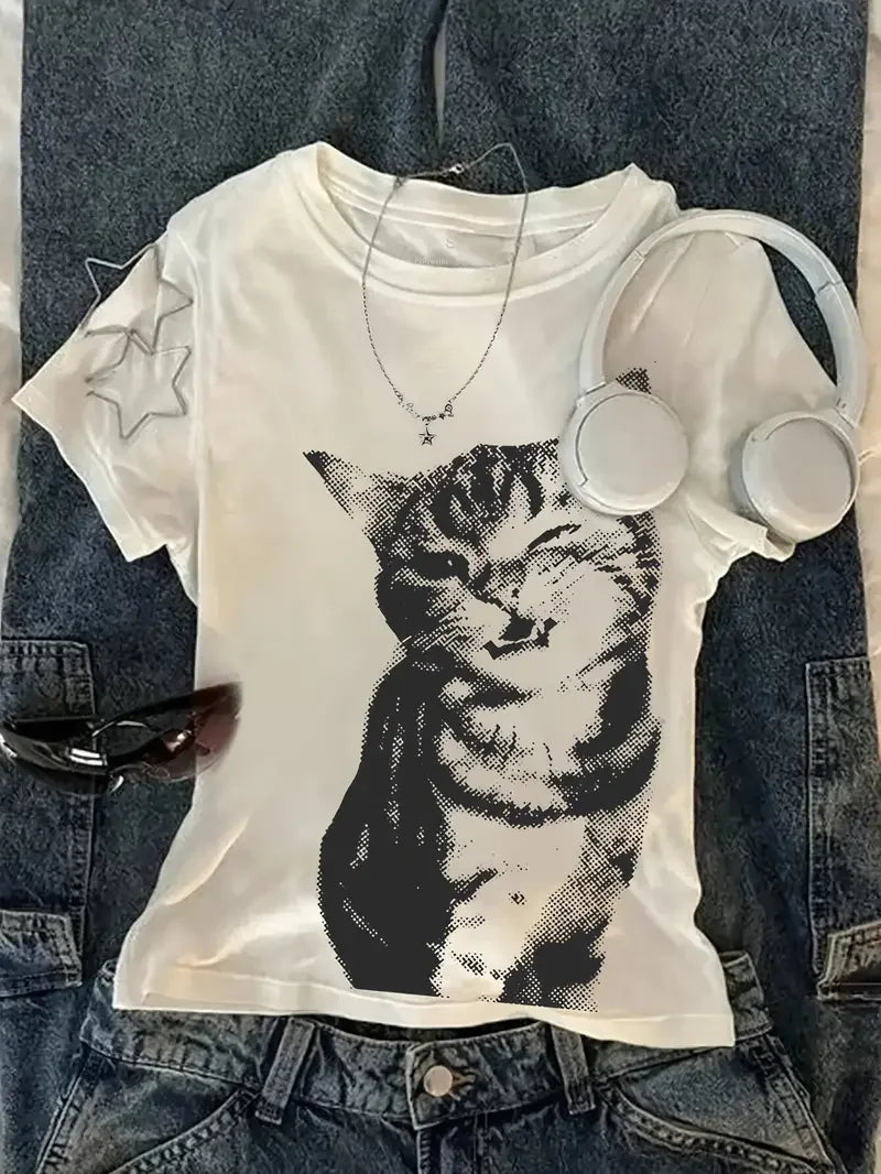 Camisetas con estampado de letras Harajuku para mujer, Tops Y2k con estampado de gato, camiseta de gran tamaño, ropa de calle Vintage, verano
