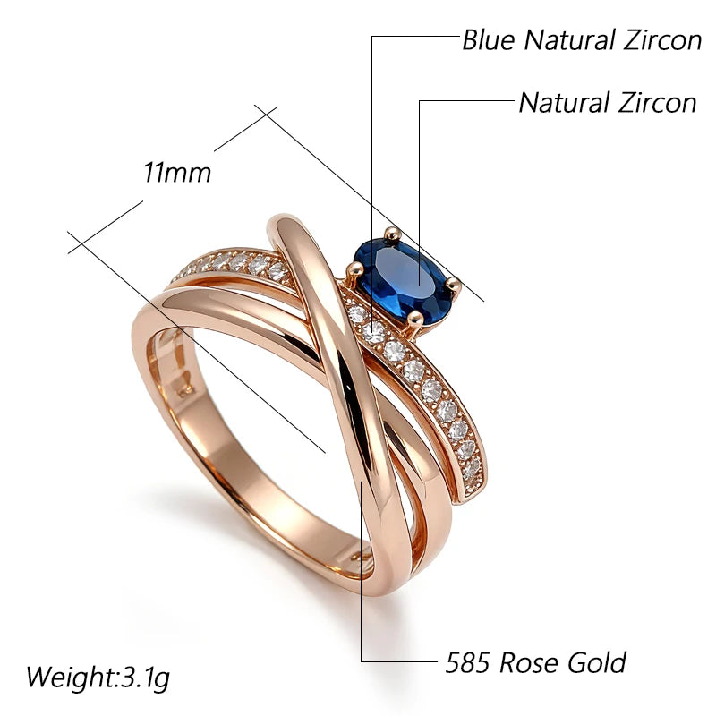 Kinel inusual 585 anillos cruzados de Color oro rosa para mujer, accesorios de circón Natural azul brillante de lujo, joyería diaria para fiesta