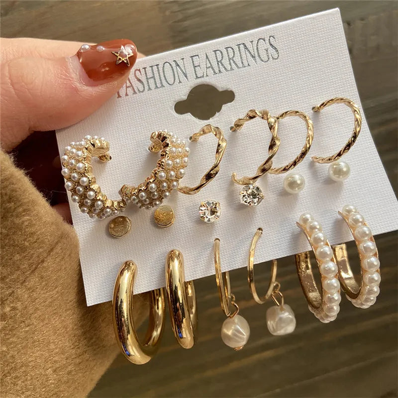 Conjunto de pendientes de aro bohemios de círculo grande para mujer, pendiente de perla Vintage bohemio de Color dorado, pendientes de circonita con forma de corazón, regalos de joyería