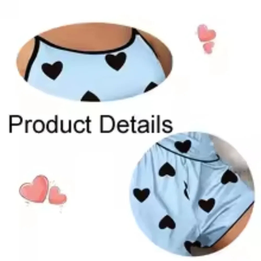 Conjunto de ropa de descanso informal para mujer – Camiseta y pantalones cortos de seda helada con estampado de corazón, pijamas de verano