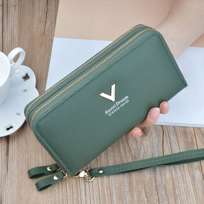 Cartera larga con doble cremallera para mujer, tarjetero de gran capacidad de cuero PU, bolso de mano con bolsillo para teléfono