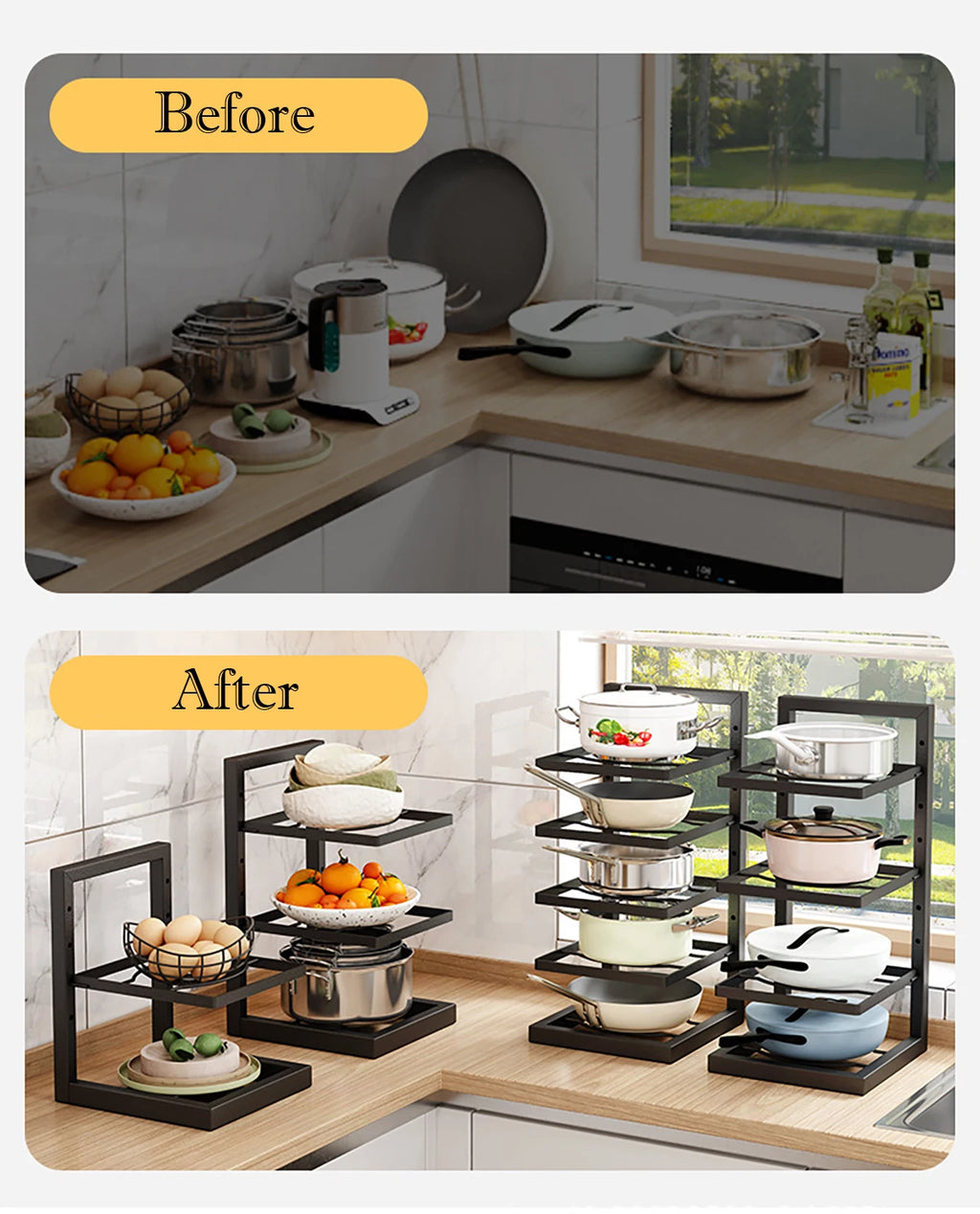 Organizador de estante de ollas ajustable, estante de almacenamiento de ollas de acero inoxidable para cocina, organizador de ollas y sartenes para el hogar multicapa para Cocina
