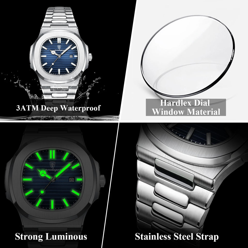 Reloj de pulsera cuadrado de lujo POEDAGAR para hombre, resistente al agua, luminoso, con fecha, de acero inoxidable, deportivo, de cuarzo, para hombre.