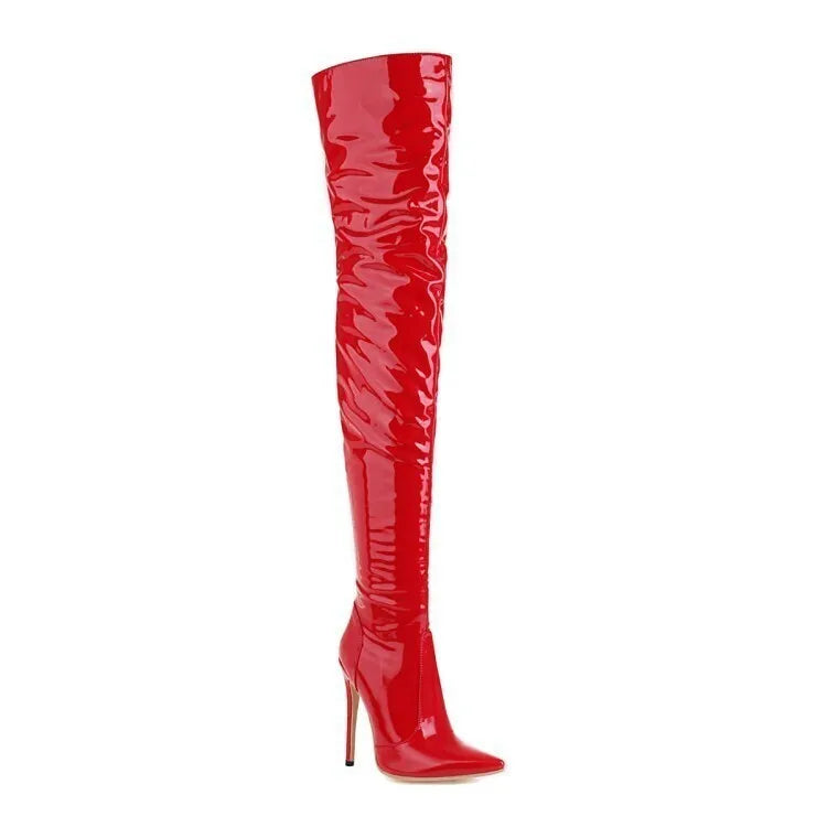 Botas por encima de la rodilla para mujer, tacones altos sexys, color negro, con cremallera lateral, botas altas hasta el muslo, zapatos femeninos, talla 46
