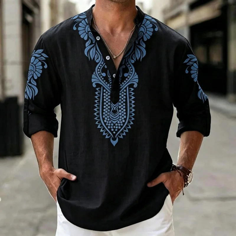 Camisa Henley de Lino para Hombre, Estilo Bohemio, Estampado Étnico Tribal, Manga 3/4, Cuello en V, Corte Holgado Informal, Blusa de Playa