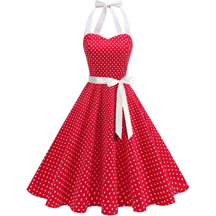 Elegante Vestido de Mujer con Estampado de Puntos, Estilo Hepburn de los Años 50 y 60, Vestido Vintage Sexy con Cuello Halter, Estilo Rockabilly Retro para Fiesta u Oficina, Vestido Pinup 2026