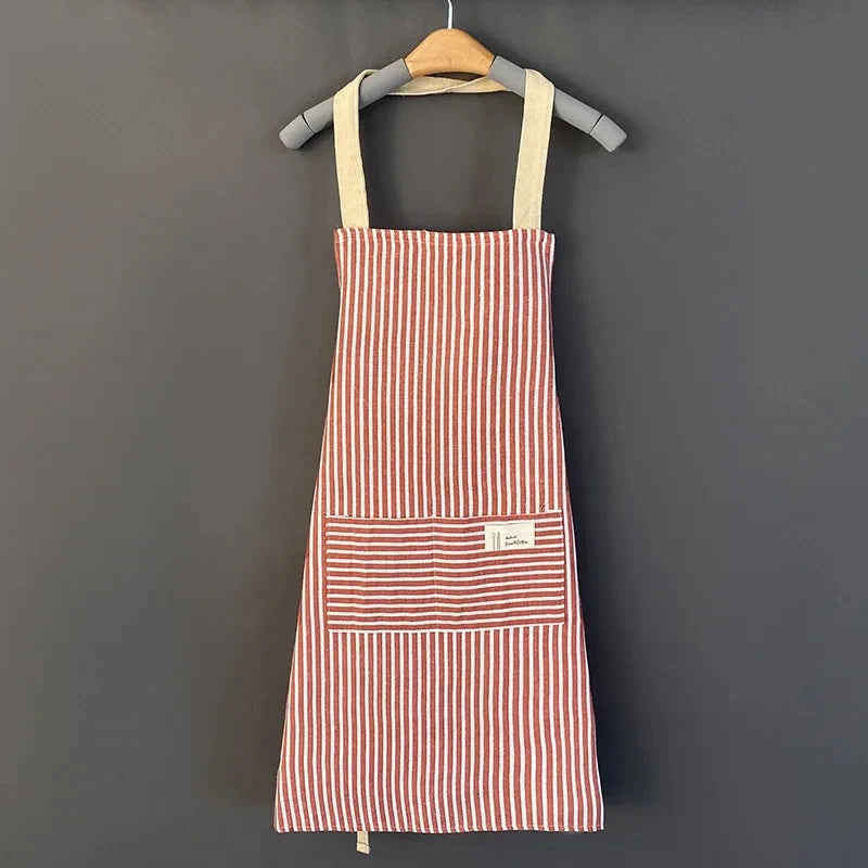 Delantal de lino a rayas para el hogar, sin mangas, cuello colgante, elasticidad ajustable, cocina, jardinería, delantal de estilo japonés nuevo