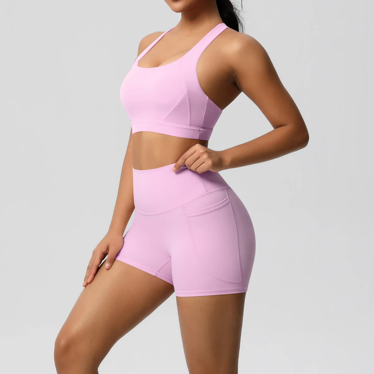 Ropa deportiva con bolsillo para mujer, conjunto de Yoga, ropa de gimnasio, trajes de Yoga para mujer, chándales, pantalones cortos deportivos, sujetador cruzado, mallas de gimnasio, 2 uds.