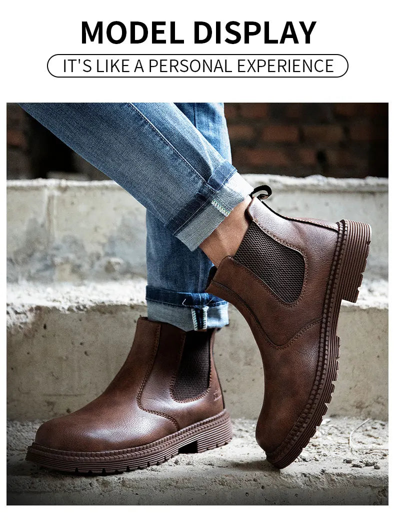 Botas de trabajo Lerther para hombre, zapatos de seguridad indestructibles, zapatillas de trabajo a prueba de pinchazos con punta de acero, zapatos de trabajo para hombre