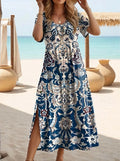 Vestido elegante de verano de talla grande con cuello en V y estampado de mariposas, dobladillo dividido, manga corta, moda para mujer
