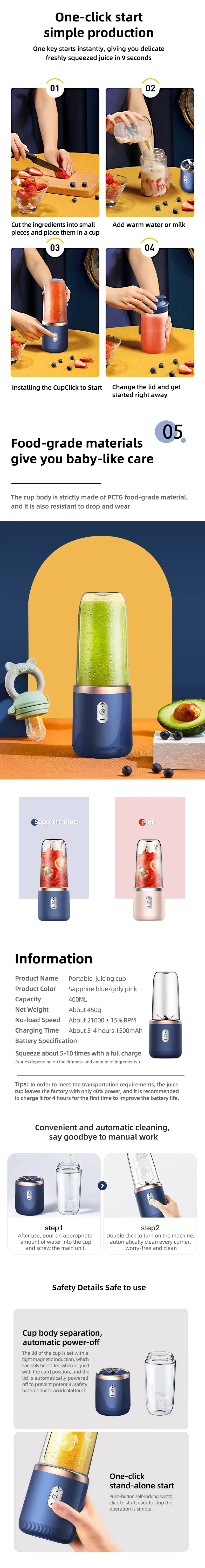 Vaso Mezclador Portátil USB, Mini Licuadora Personal de Mano para Viajes, Vasos Individuales o Dobles para Batidos de Frutas y Verduras, con Cepillo de Limpieza