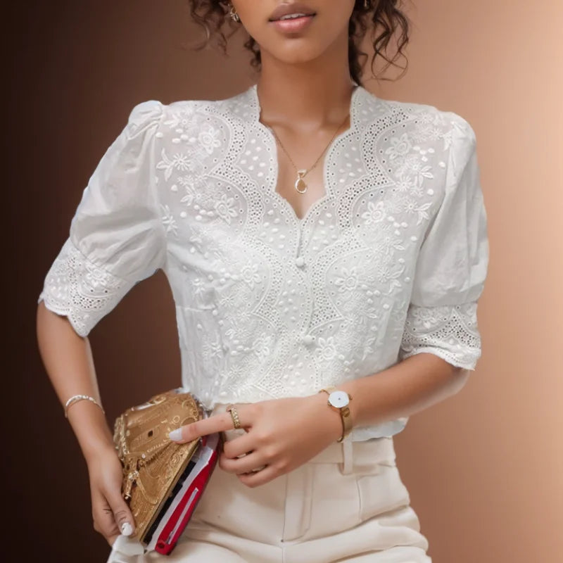 Blusa de Lino y Algodón con Mangas Abullonadas Bordadas para Mujer, Verano 2026, Estilo Casual, Color Blanco, con Aberturas, Camisa de Manga Corta