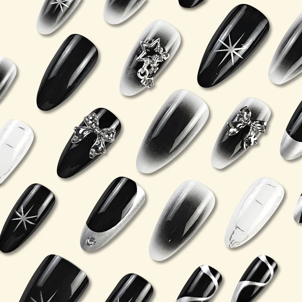Uñas postizas negras con diseño de murciélago para Halloween, puntas de uñas decoradas con forma de almendra, con remaches y lazos, 24 unidades, uñas acrílicas reutilizables.