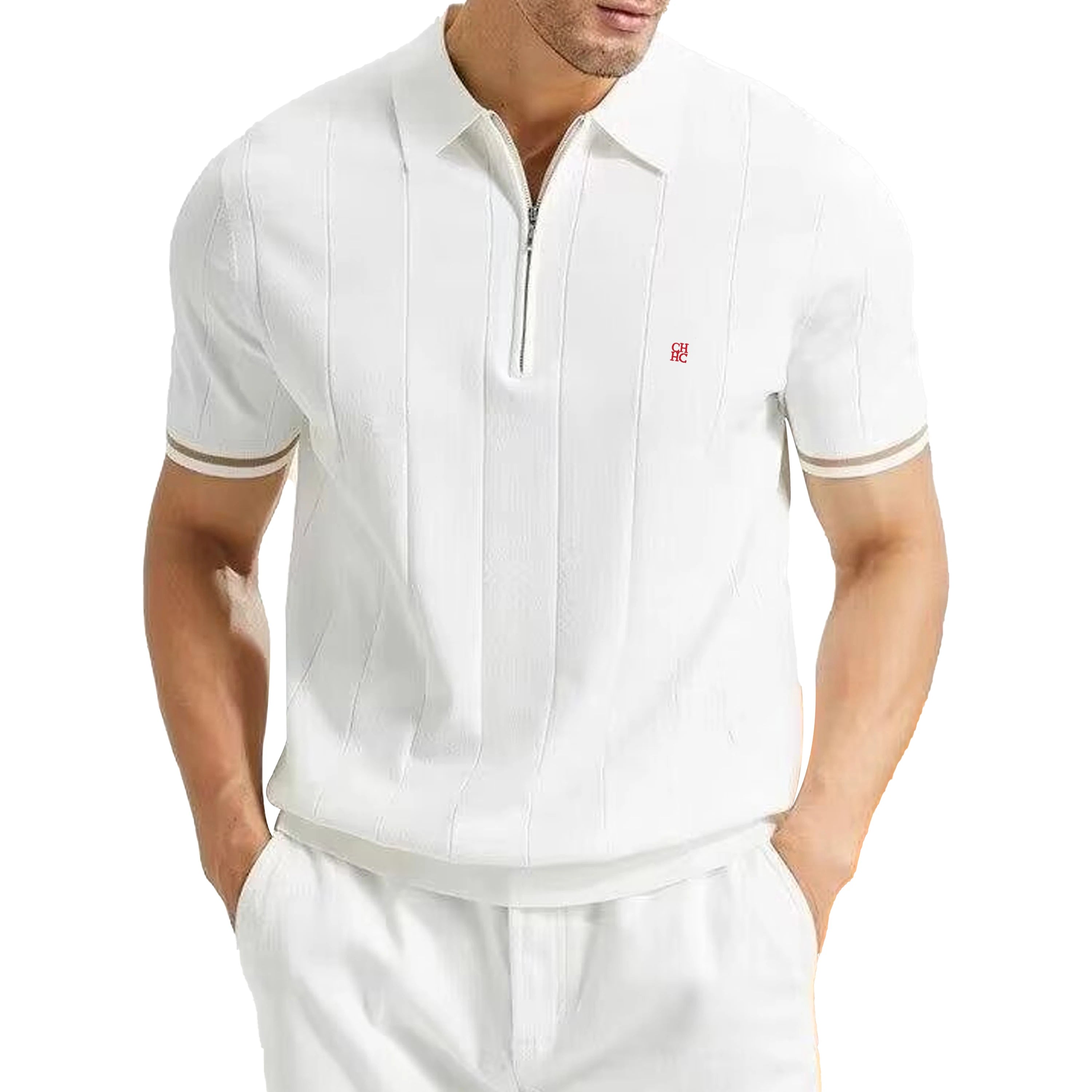 Camiseta Polo de Punto para Hombre CH, con Media Cremallera, Cuello Solapa, Manga Corta, Color Sólido, Casual, de Negocios, Transpirable, para Verano
