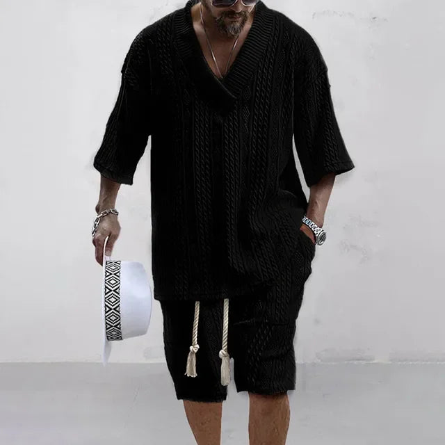 Conjunto de pantalones cortos informales para hombre, camiseta de manga corta con cuello en V y pantalones cortos, ropa de calle de punto, primavera y verano, 2024