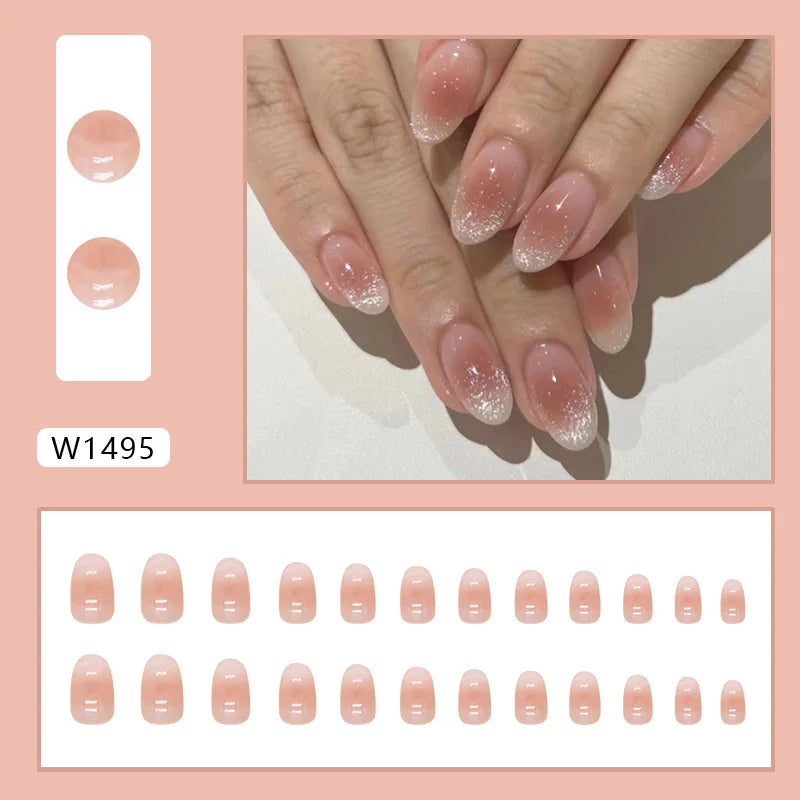 Dulce francés 24 Uds. De uñas postizas degradadas rosas, manicura de dedos artificiales brillantes, uñas postizas reutilizables para mujeres