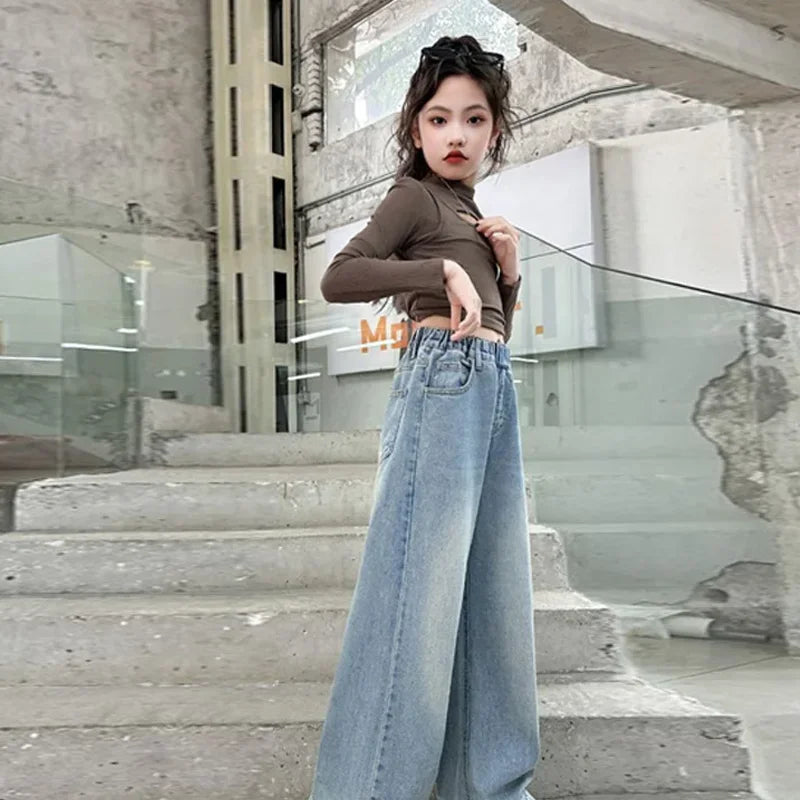 Pantalones vaqueros sueltos para chicas adolescentes, pantalones vaqueros de pierna ancha para primavera y otoño, nuevos pantalones rectos a la moda para niños, ropa informal para adolescentes