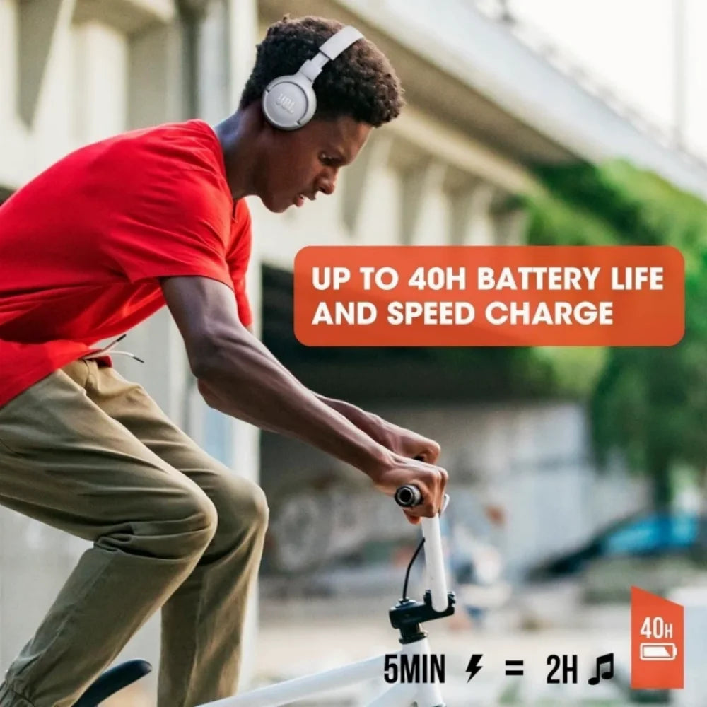 Audífonos inalámbricos JBL Tune 510BT con Bluetooth, sonido de bajos profundos, batería de larga duración, carga rápida USB-C, plegables, con cable protector.