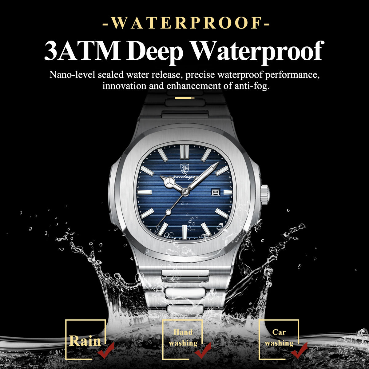 Reloj de pulsera cuadrado de lujo POEDAGAR para hombre, resistente al agua, luminoso, con fecha, de acero inoxidable, deportivo, de cuarzo, para hombre.