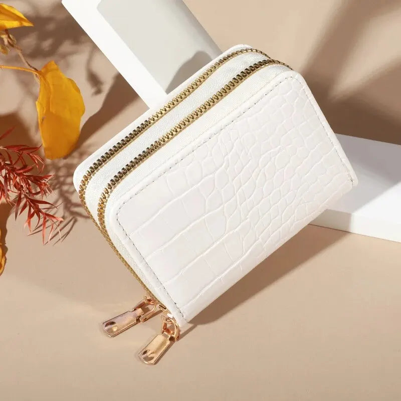 Cartera elegante para mujer con múltiples tarjetas: bolso de mano seguro con doble cremallera |   Monedero casual de cuero PU con bolso de tarjeta de cocodrilo de almacenamiento de estilo