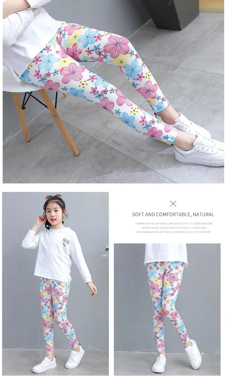 Little maven, novedad de 2024, mallas con flores de dibujos animados, pantalones para niños, pantalones encantadores para primavera y otoño para niños de 2 a 7 años
