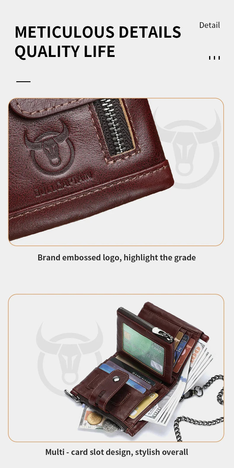 Cartera Bullcaptain de cuero genuino para hombre, monedero de viaje de calidad a la moda, protección Rfid, tarjetero Wollst para hombre con cadena