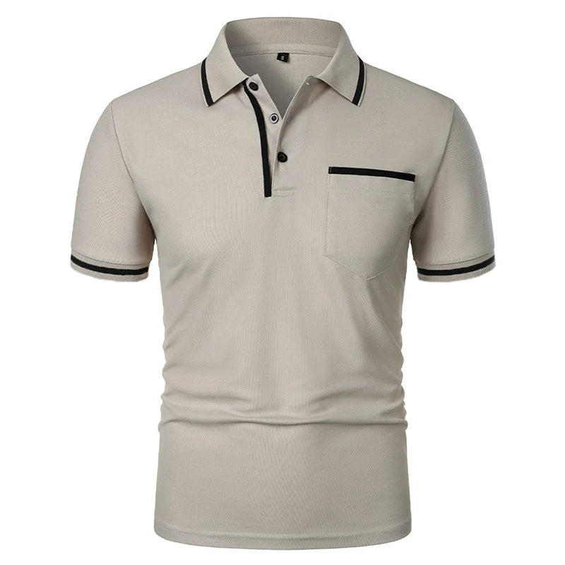 Nuevas camisas Polo de manga corta para hombre, camiseta informal de Color sólido, camisas de verano a la moda transpirables holgadas básicas con empalme y bolsillos superiores para hombre