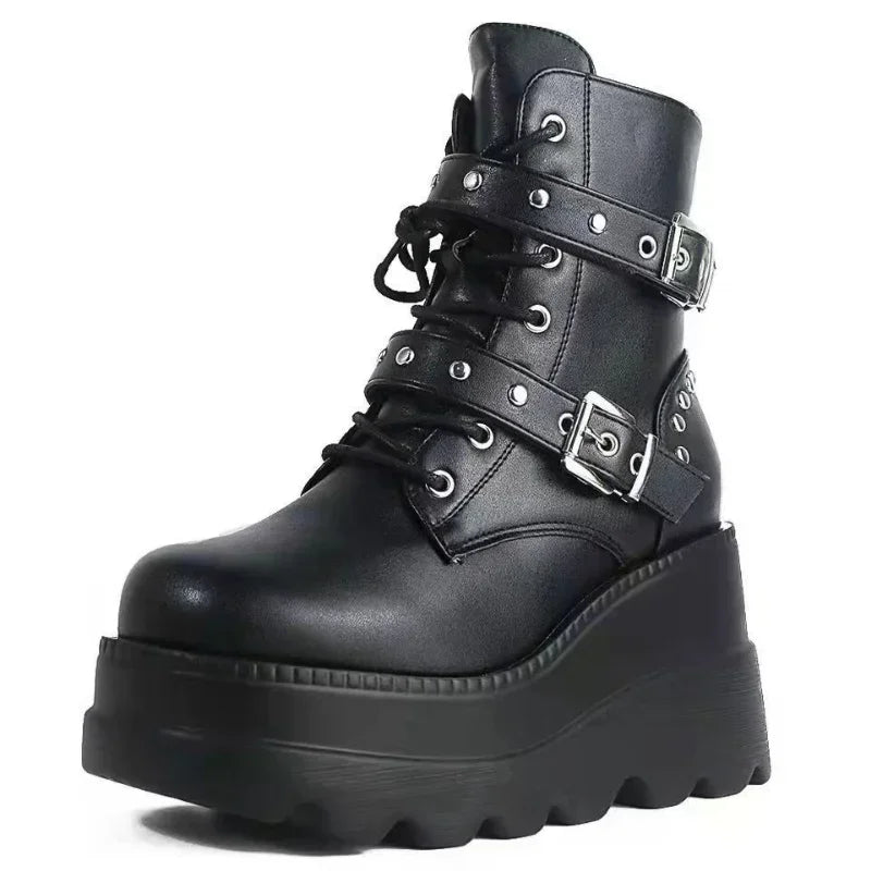 Nuevos botines de cuero Pu para mujer, Otoño Invierno, zapatos con cordones y punta redonda, botas góticas con plataforma para motocicleta para mujer, Cosplay