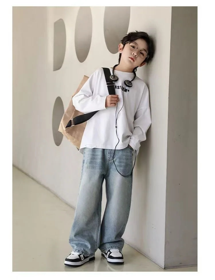 Pantalones vaqueros cálidos de invierno para niños, nuevo estilo, pantalones vaqueros holgados de pierna recta de marca a la moda para adolescentes y niños, pantalones sueltos para niños