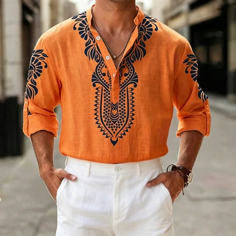 Camisa Henley de Lino para Hombre, Estilo Bohemio, Estampado Étnico Tribal, Manga 3/4, Cuello en V, Corte Holgado Informal, Blusa de Playa