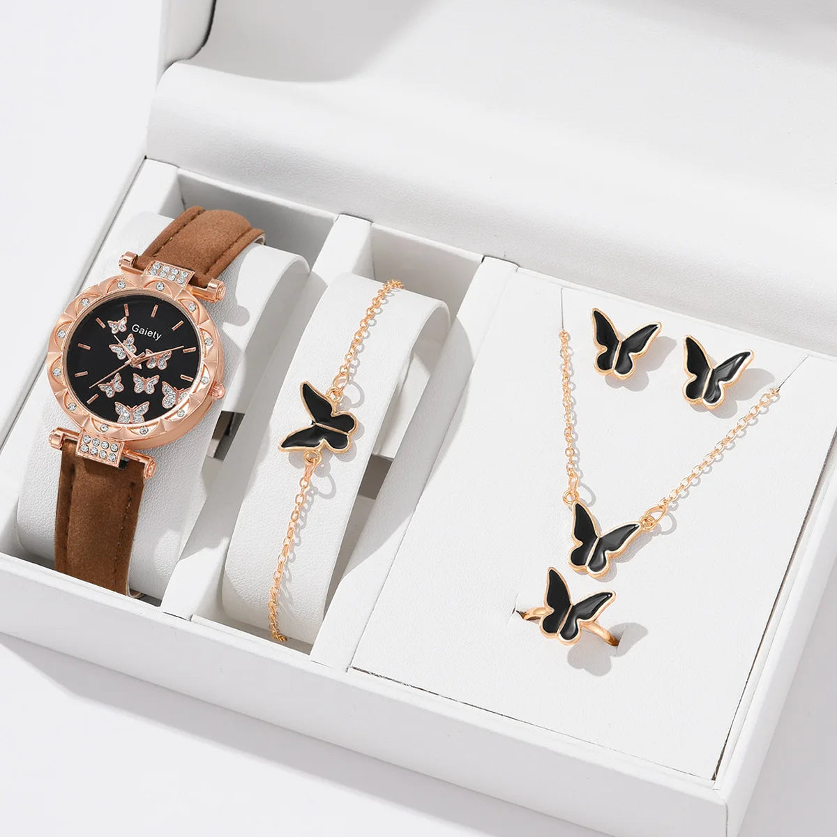 Conjunto de joyería de mariposa (sin caja), relojes para mujer, relojes de cuero para mujer, anillos, collar, pendientes, pulsera, regalo de boda