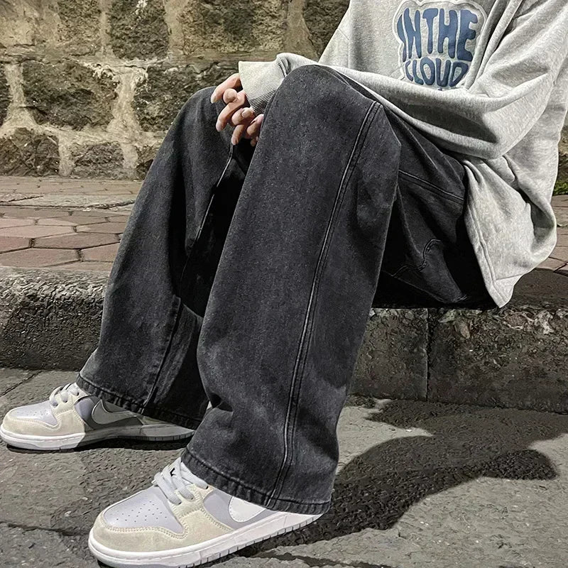 Ropa de calle de estilo coreano, nueva moda, pantalones vaqueros informales holgados para hombre, pantalones vaqueros Harajuku de calle alta, pantalones de marca para hombre, negro, gris y azul