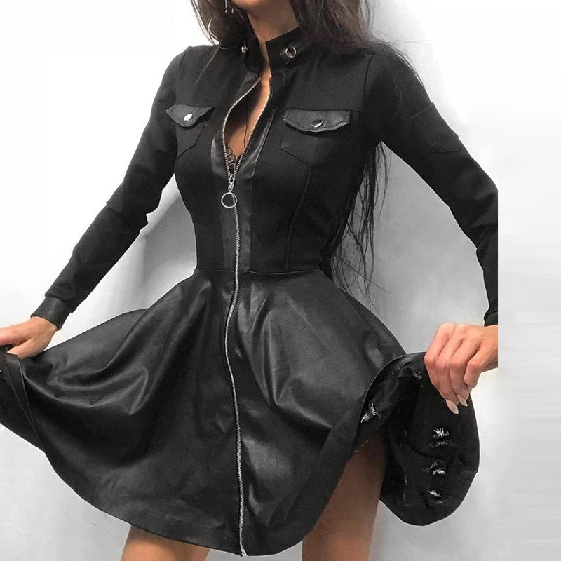Minivestido Sexy para mujer, Vestidos de fiesta de retazos, manga larga, encaje, bolsillos con cremallera, cuello alto, botones, Delgado