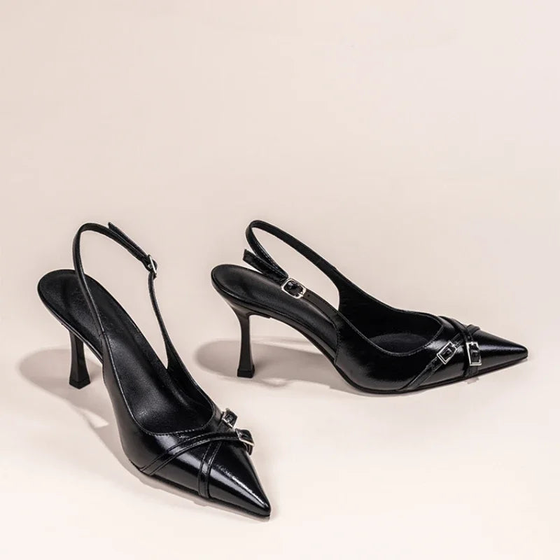 Nuevos zapatos de tacón alto con punta estrecha a la moda, zapatos de tacón alto con hebilla elegante decorada, zapatos de mujer negros de aguja NO: 602