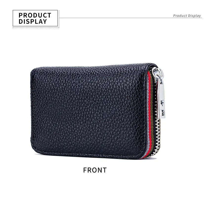 Tarjetero de cuero genuino para hombre y mujer, cartera pequeña con cremallera, monedero sólido, diseño de acordeón, identificación Rfid, bolsas para tarjetas de crédito comerciales