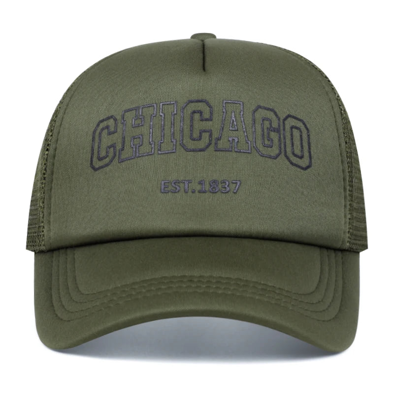 Gorra de béisbol de malla de verano para hombre, gorra Snapback con letras Chicago para deportes al aire libre para mujer, gorras transpirables Unisex, gorras de camionero de Hip Hop